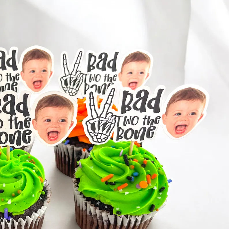 24 Bad Two the Bone Toppers | Halloween Birthday | 2nd Birthday Party Decorations | 24 Cupcake Toppers | Party Decorations | Bad Two the Bone