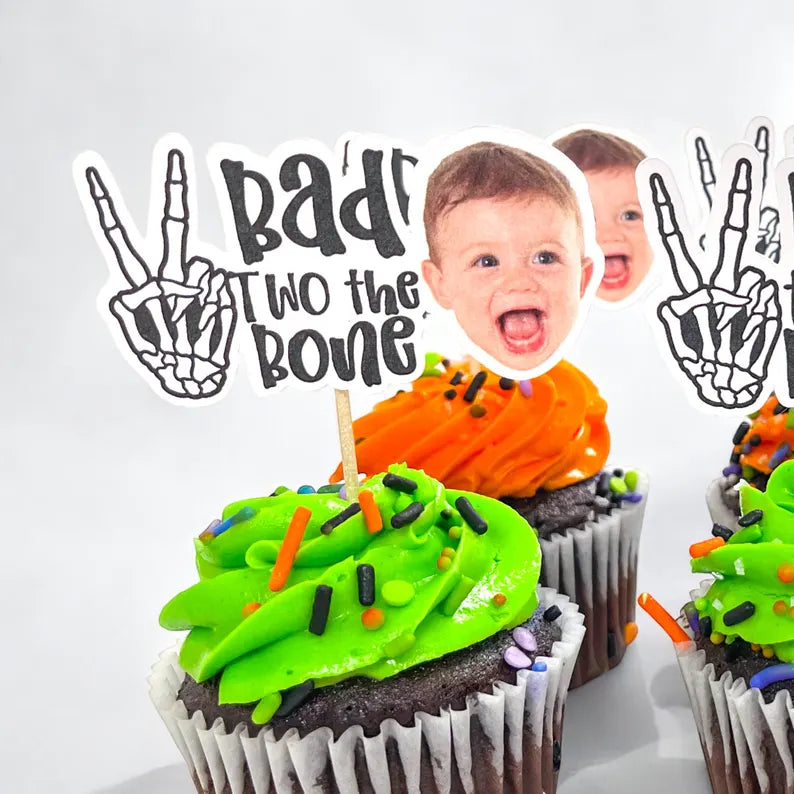 24 Bad Two the Bone Toppers | Halloween Birthday | 2nd Birthday Party Decorations | 24 Cupcake Toppers | Party Decorations | Bad Two the Bone